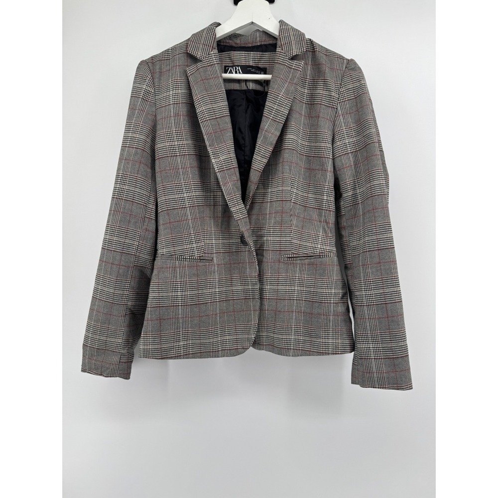 Zara Womens Glen Plaid Blazer Grey Red Check Single‎ Button Tailored Jacket